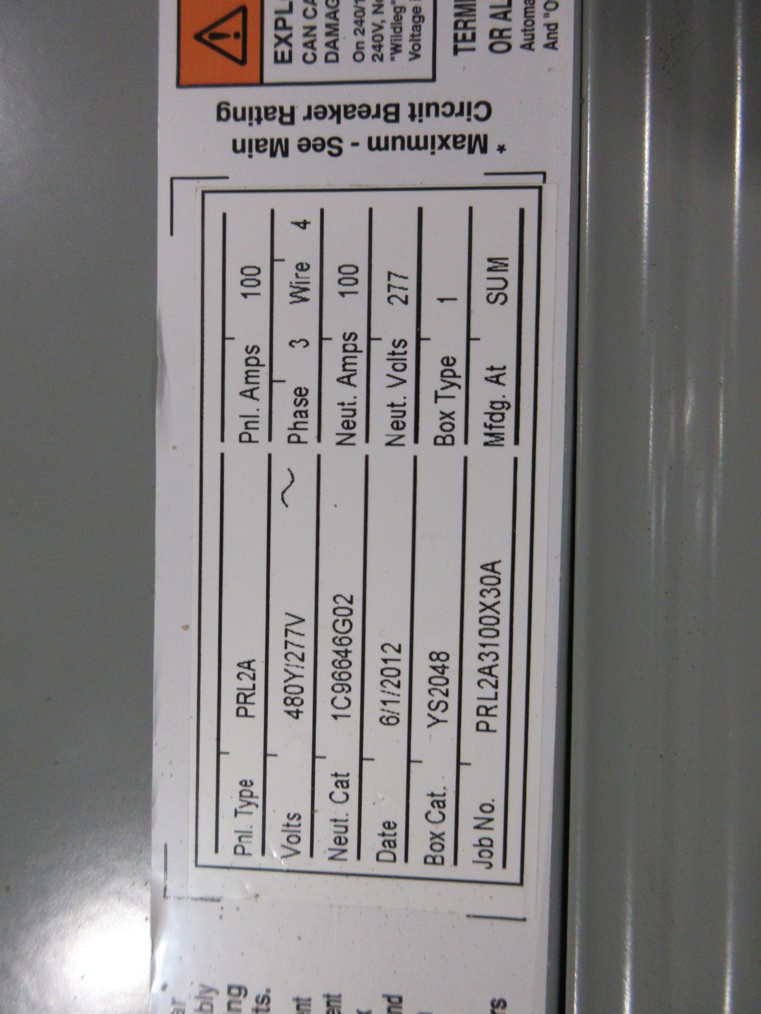 Eaton Main Breaker Circuit Breaker Panel PRL2A 100A Main 100A Max Used