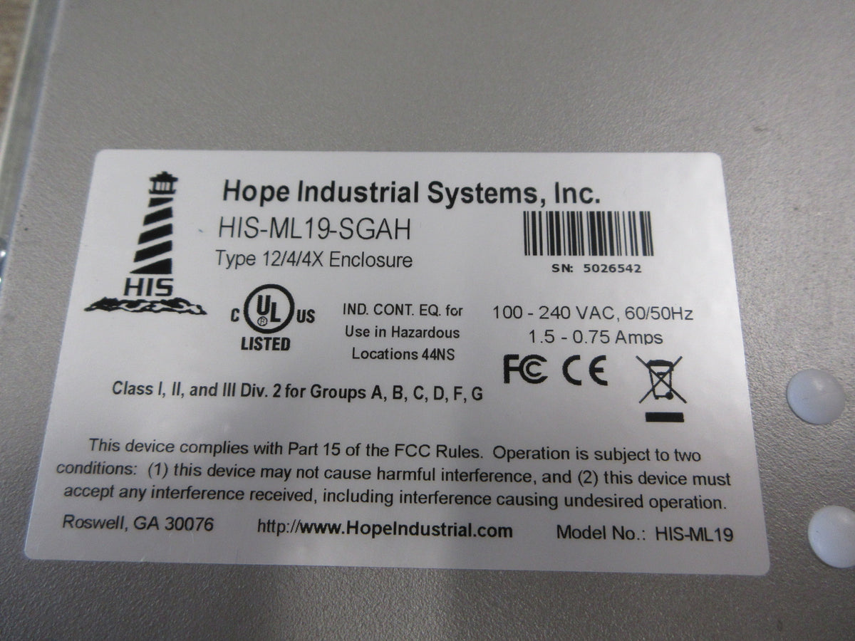 Hope Industrial Systems Panel Mount Touch Screen Monitor HIS-ML19-SGAH Used
