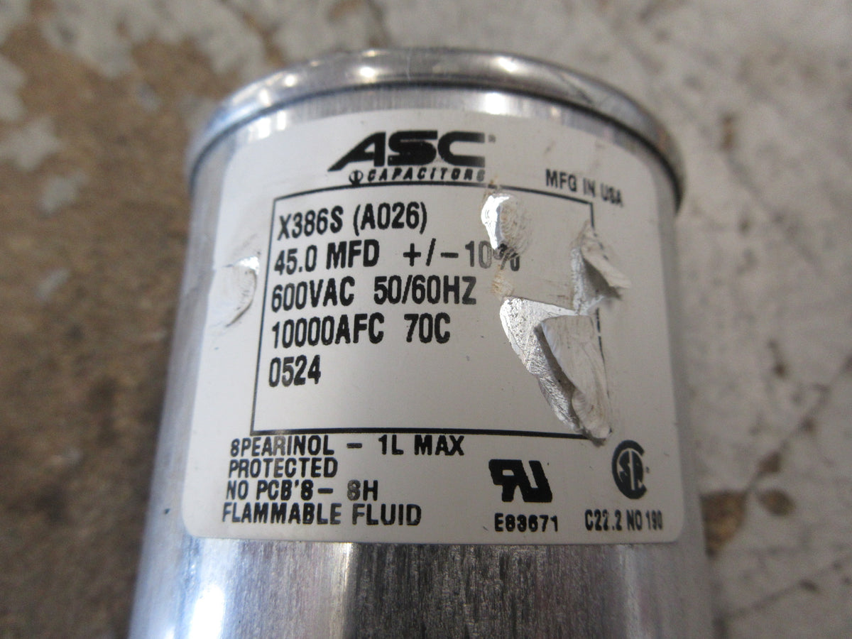 ASC Capacitor X386S (A026) 45 MFD 600V 50/60Hz Used