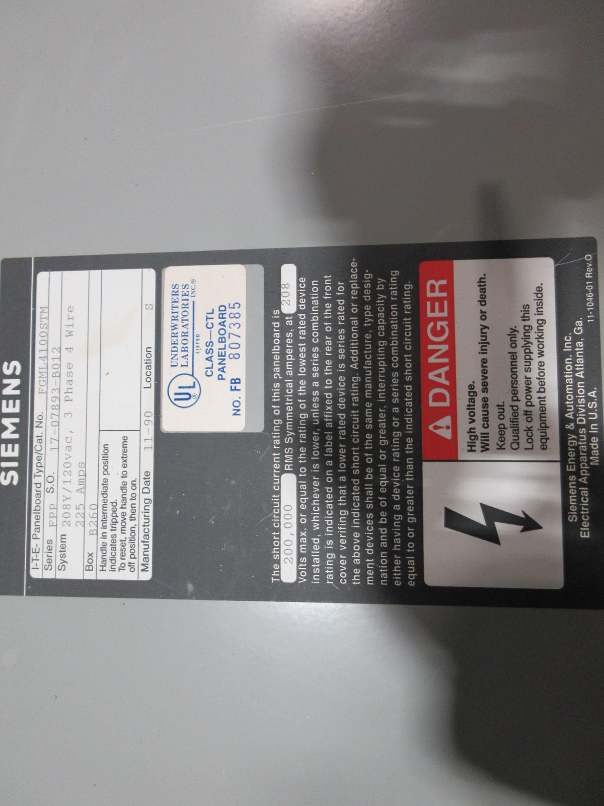 Siemens ITE Series FPP Panelboard FGML4100STM 225A 208Y/120V 3Ph 4W Used