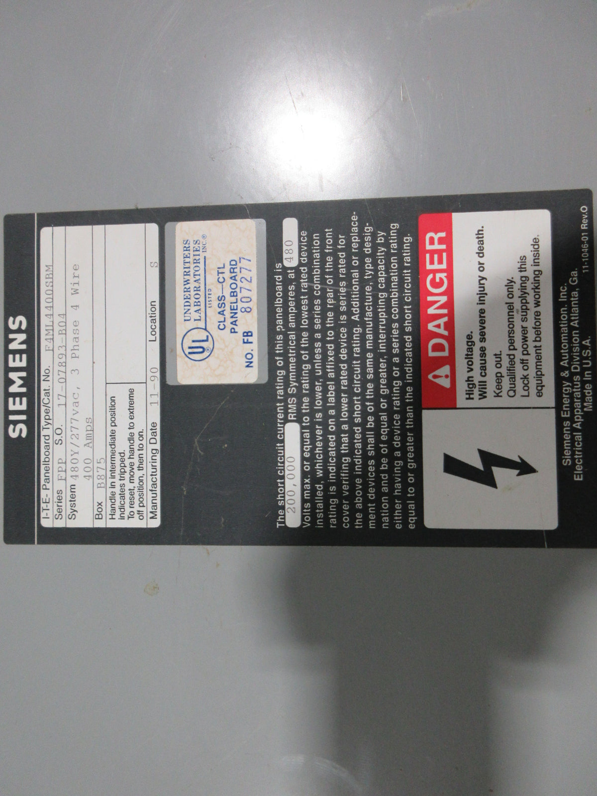 Siemens ITE Series FPP Panelboard F4ML4400SBM 400A 480Y/277V 3Ph 4W Used