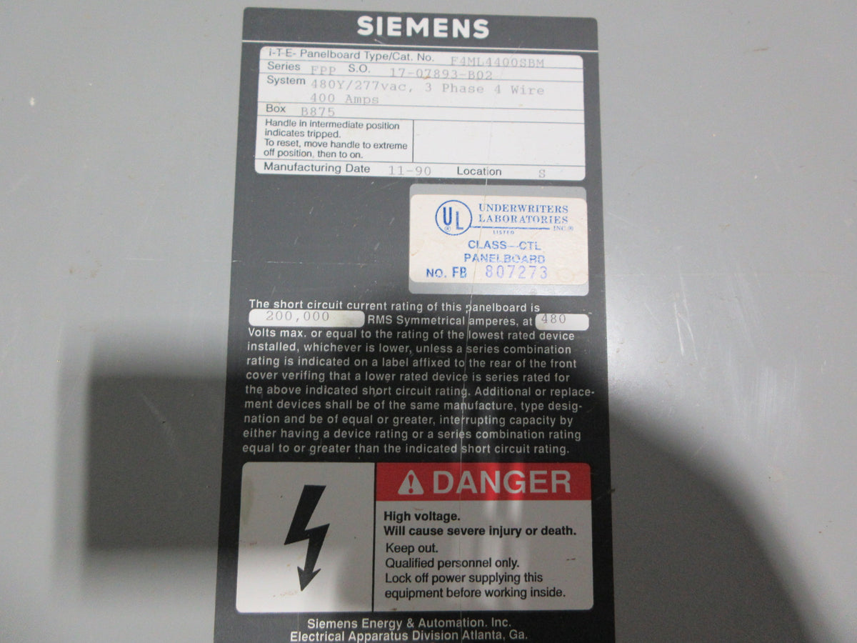 Siemens ITE Series FPP Panelboard F4ML4400SBM 400A 480Y/277V 3Ph 4W Used