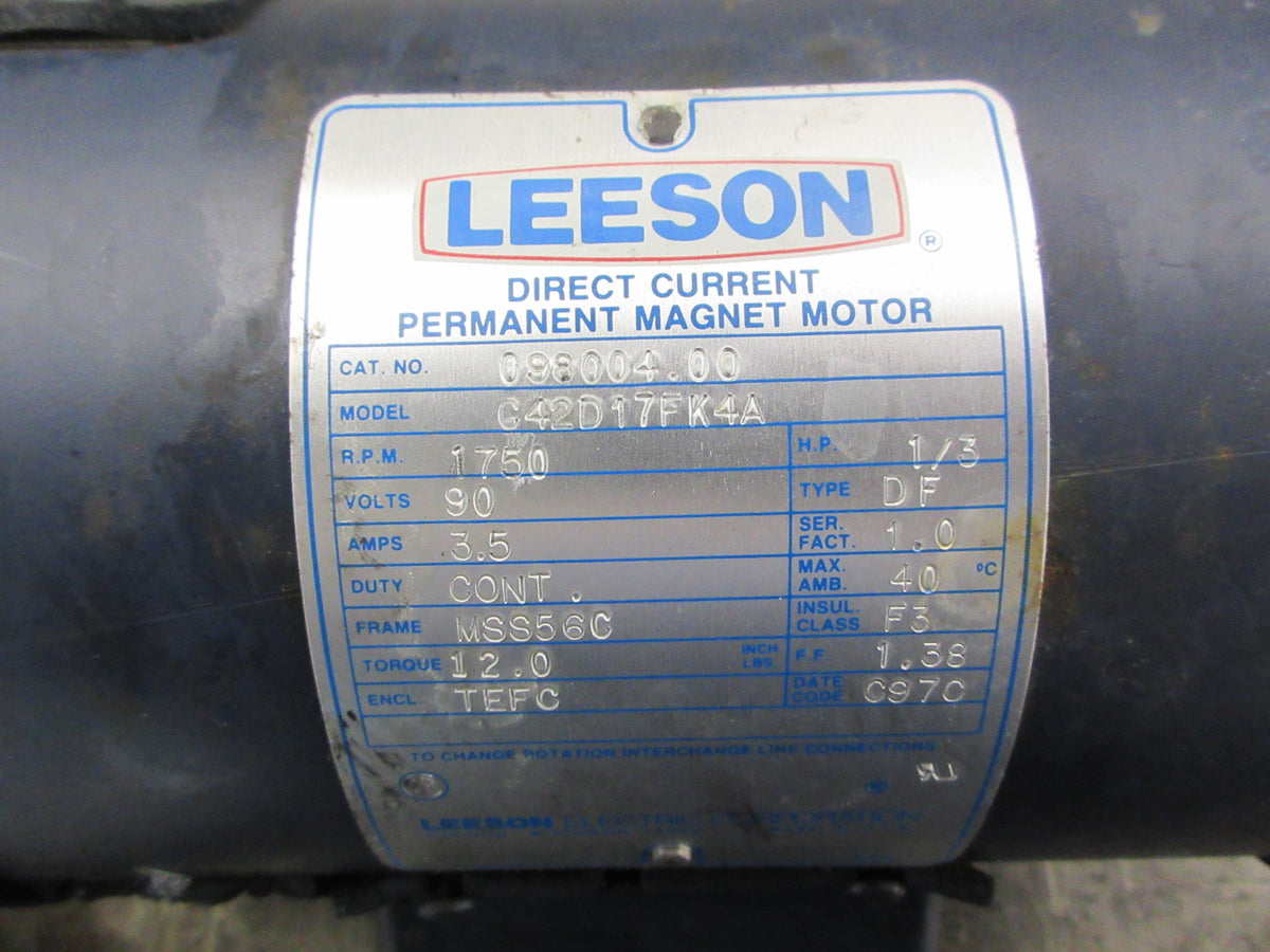 Leeson Gearmotor C42D17FK4A 1/3HP 90V 3.5A 1750RPM Frame: MSS56C ENCL: TEFC Used