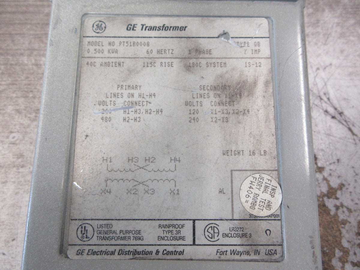 GE 3R Transformer 9T51B0008 0.500KVA Pri: 240/480V Sec: 120/240V 60Hz 1Ph Used