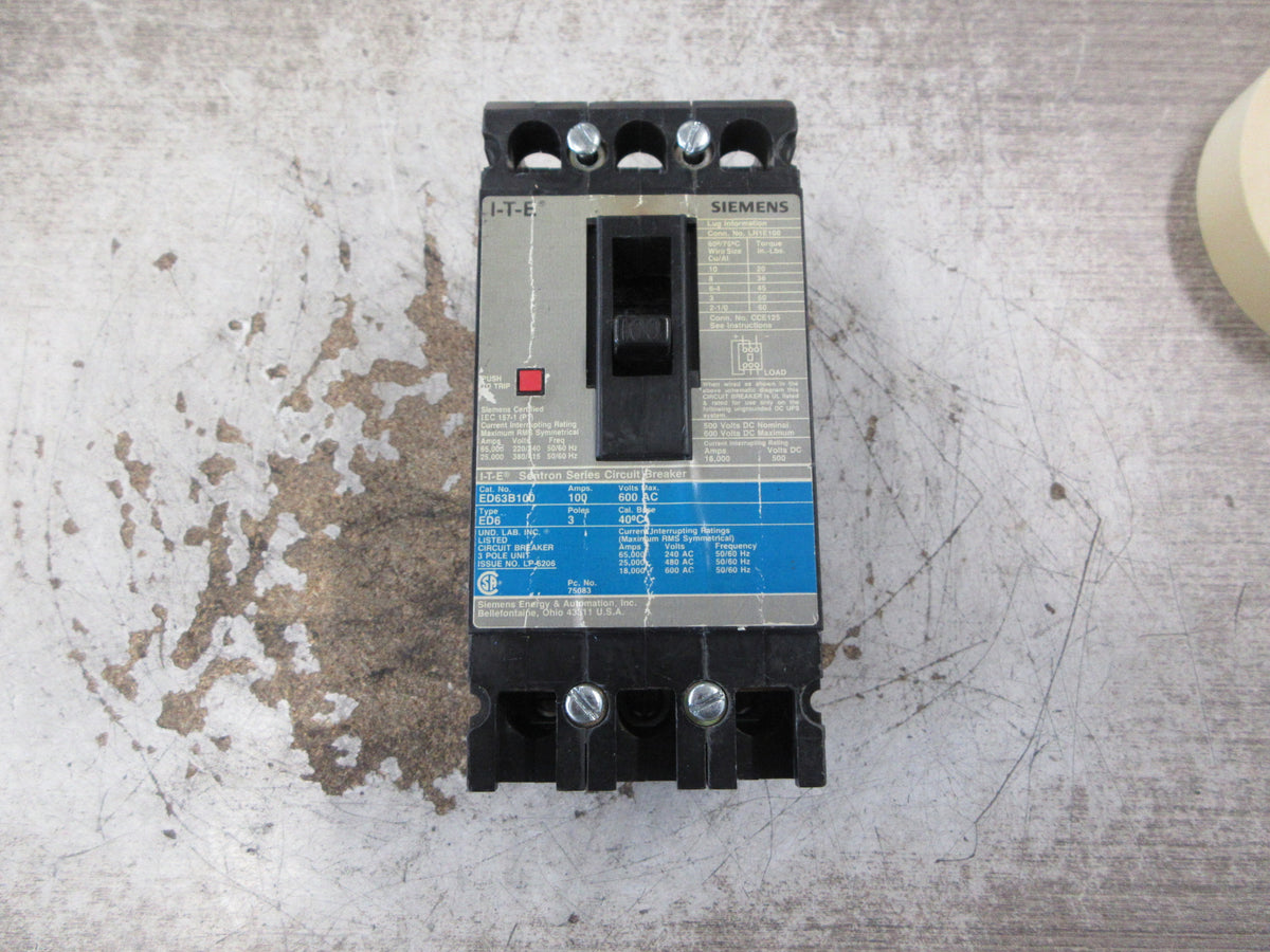 Siemens Sentron Circuit Breaker ED63B100 100A 600V 3P W/Mounting Screws Used
