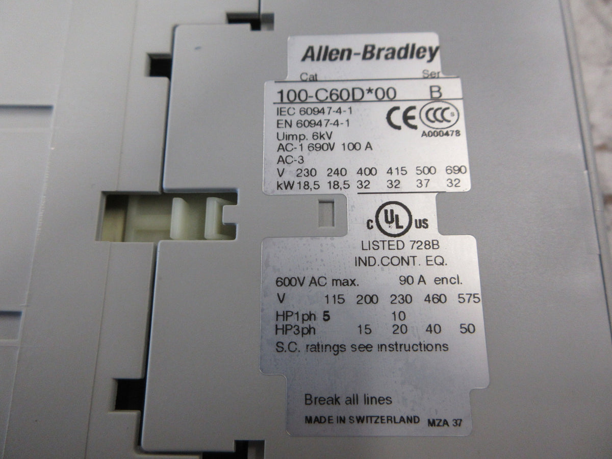 Allen-Bradley Contactor 100-C60D*00 Ser. B 24VDC Coil 90A 600V Used