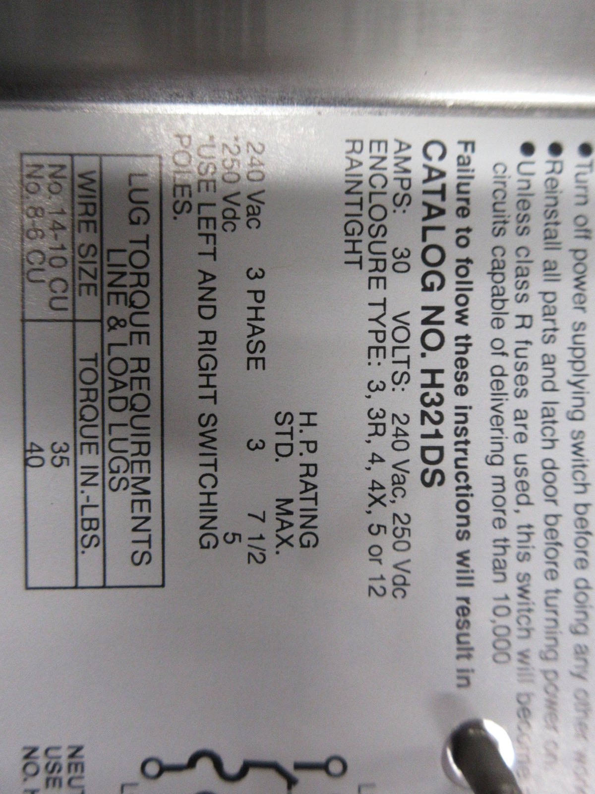 Square D Stainless Steel Fusible Safety Switch/Disconnect H321DS New Surplus