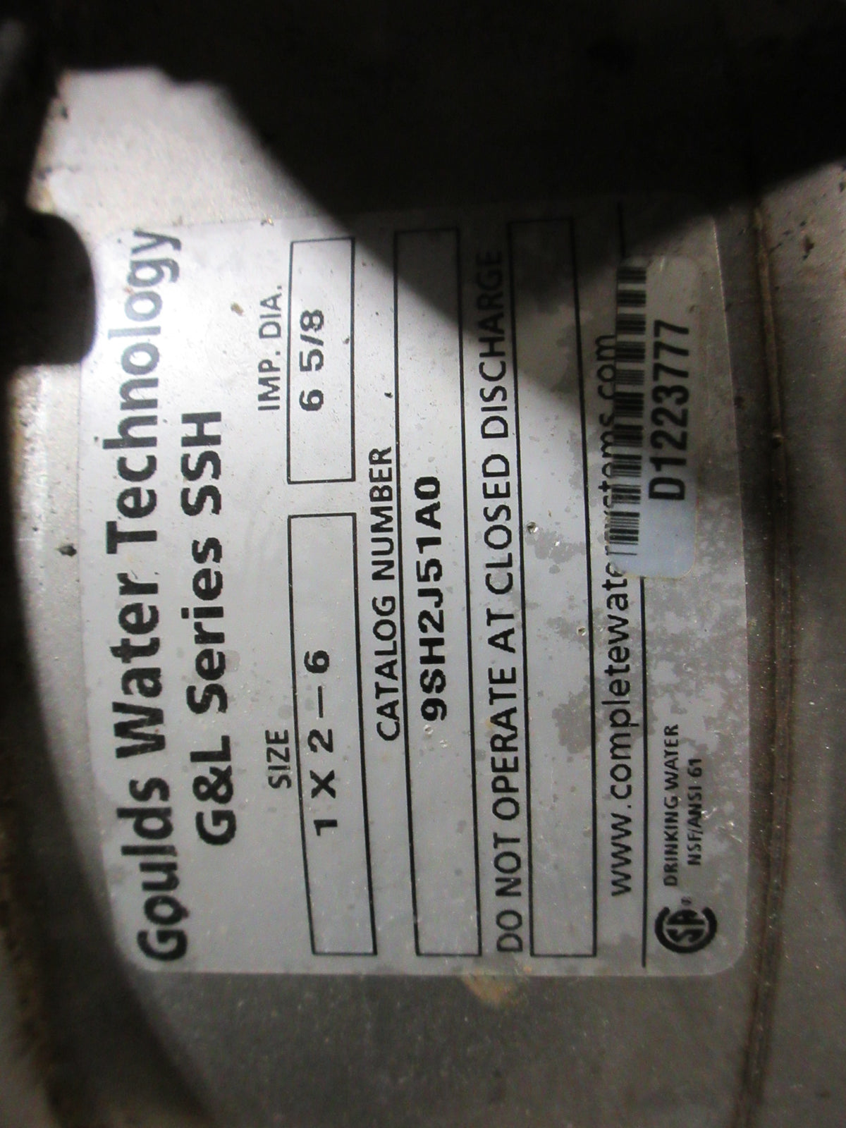 Goulds G&L Series SSH Stainless Steel Pump 9SH2J51A0 5HP 3450RPM 1100GPM Used