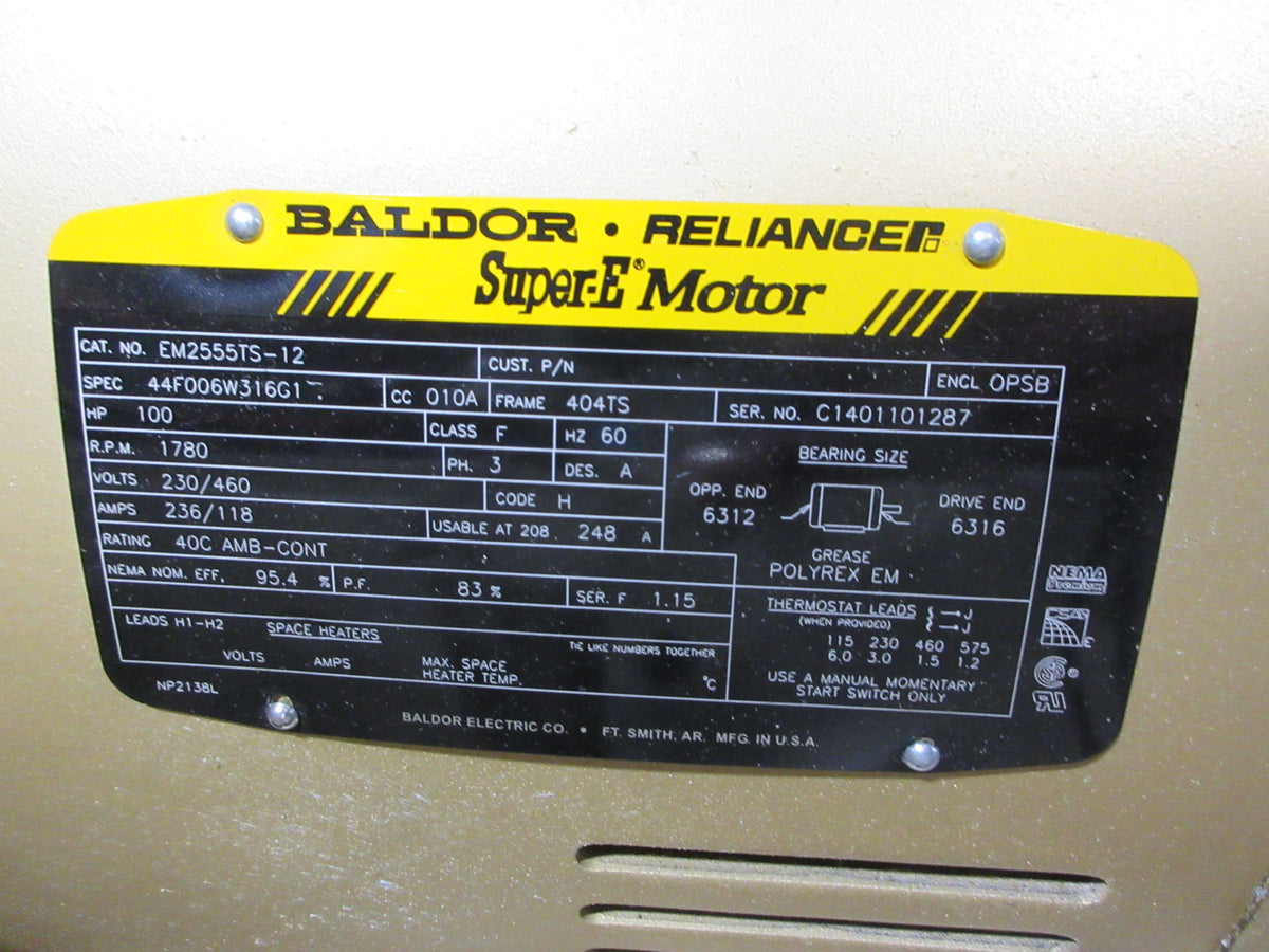 Baldor Motor EM2555TS-12 100HP 230/460V 1780RPM 236/118A Frame: 404TS Used
