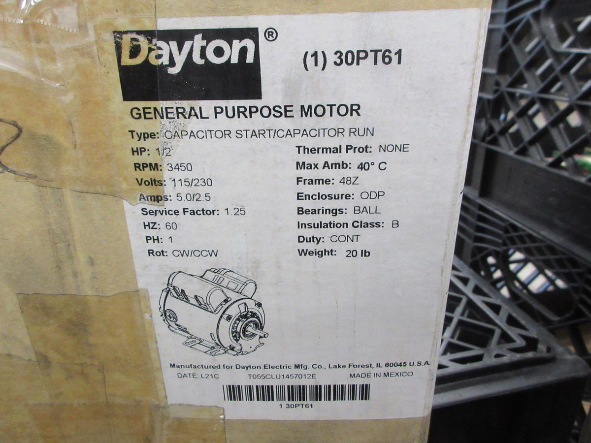 Dayton Motor 30PT61 1/2HP 115/230V 3450RPM 5.0/2.5A Frame: 48Z New Surplus