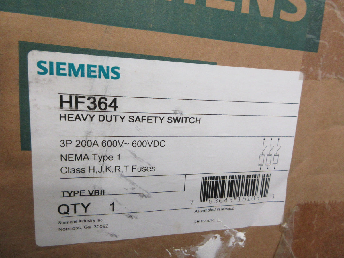 Siemens Fusible Safety Switch/Disconnect HF364 200A 600V 3P New Surplus