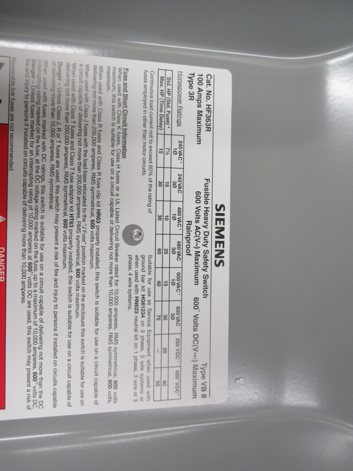 Siemens 3R Fusible Safety Switch/Discinnect HF363R 100A 600V 3P New Surplus