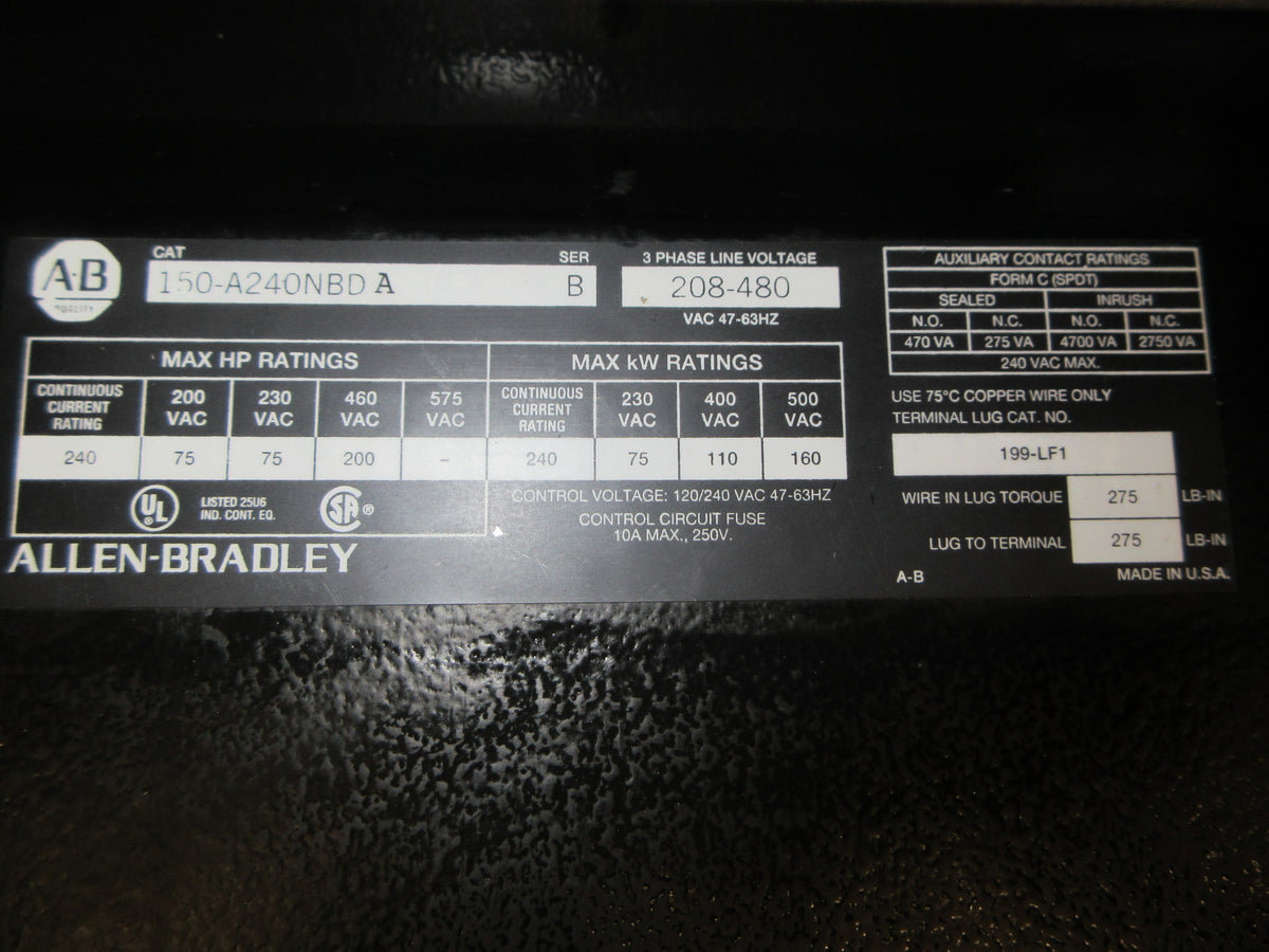 Allen-Bradley SMC Plus Soft Start 150-A240NBDA Ser. B 200HP 208-480V 3Ph Used
