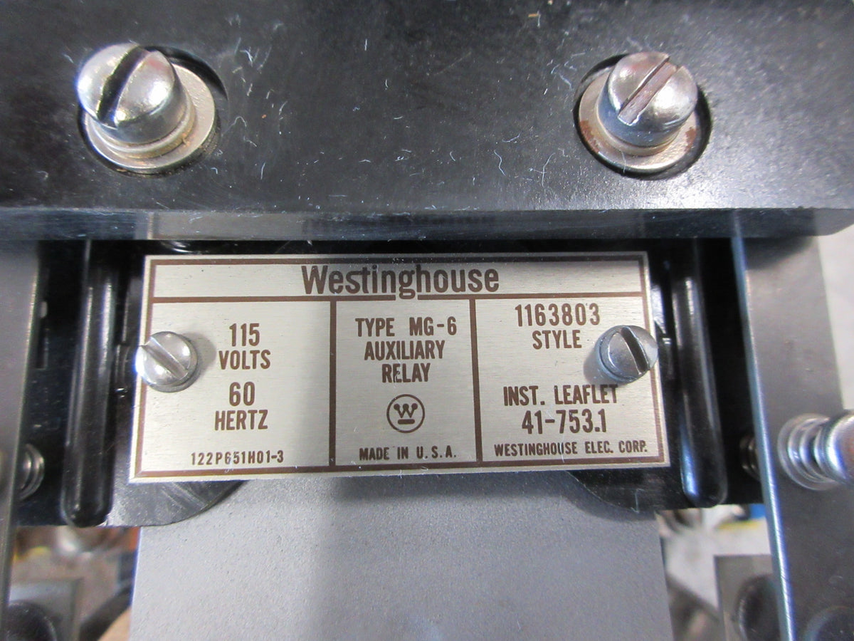 Westinghouse Type MG-6 Auxiliary Relay 1163803 115V 60Hz Used