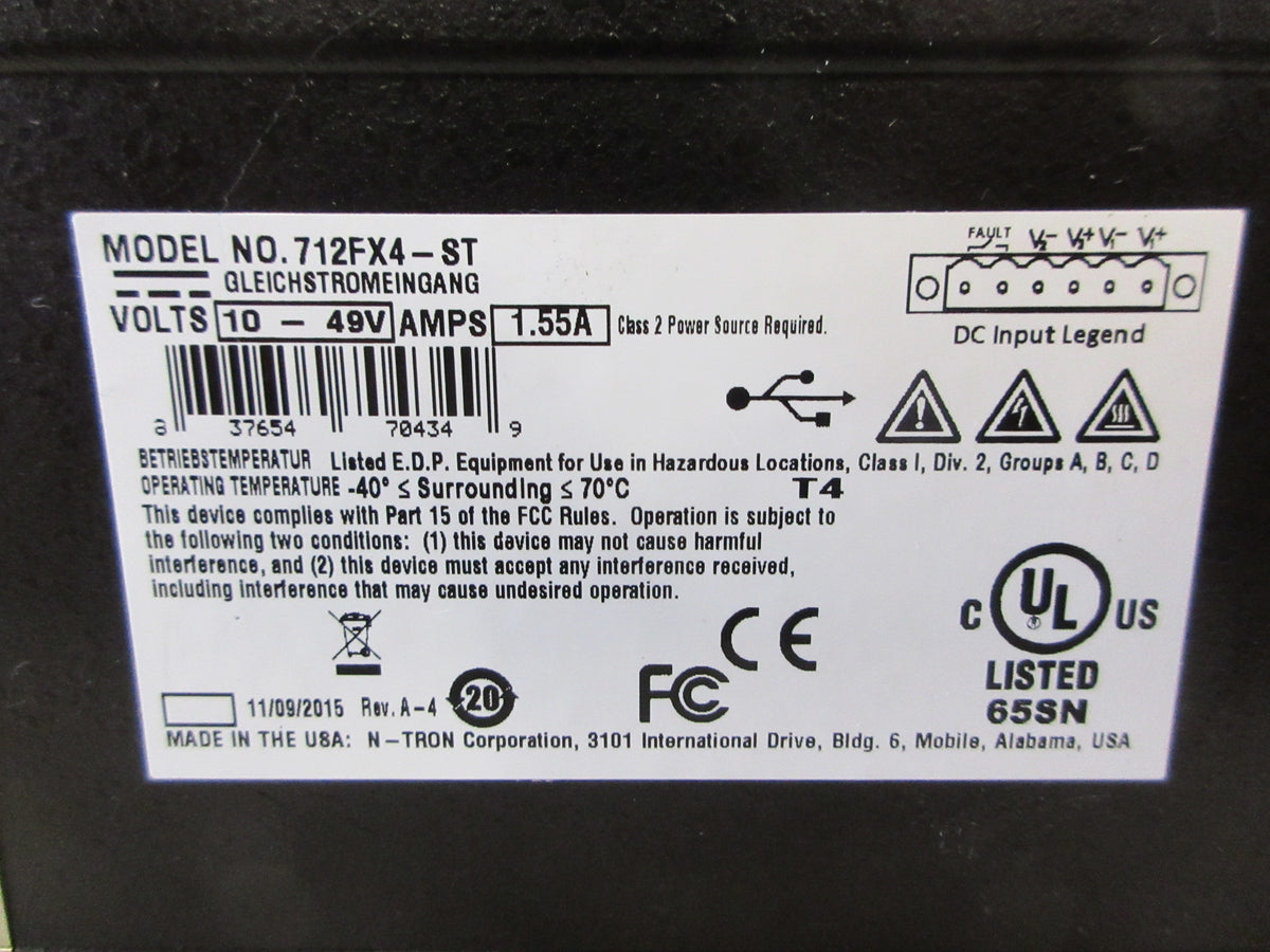 N-Tron Industrial Ethernet Switch 712FX4-ST 12-Port / (4) FX 10-49VDC Used