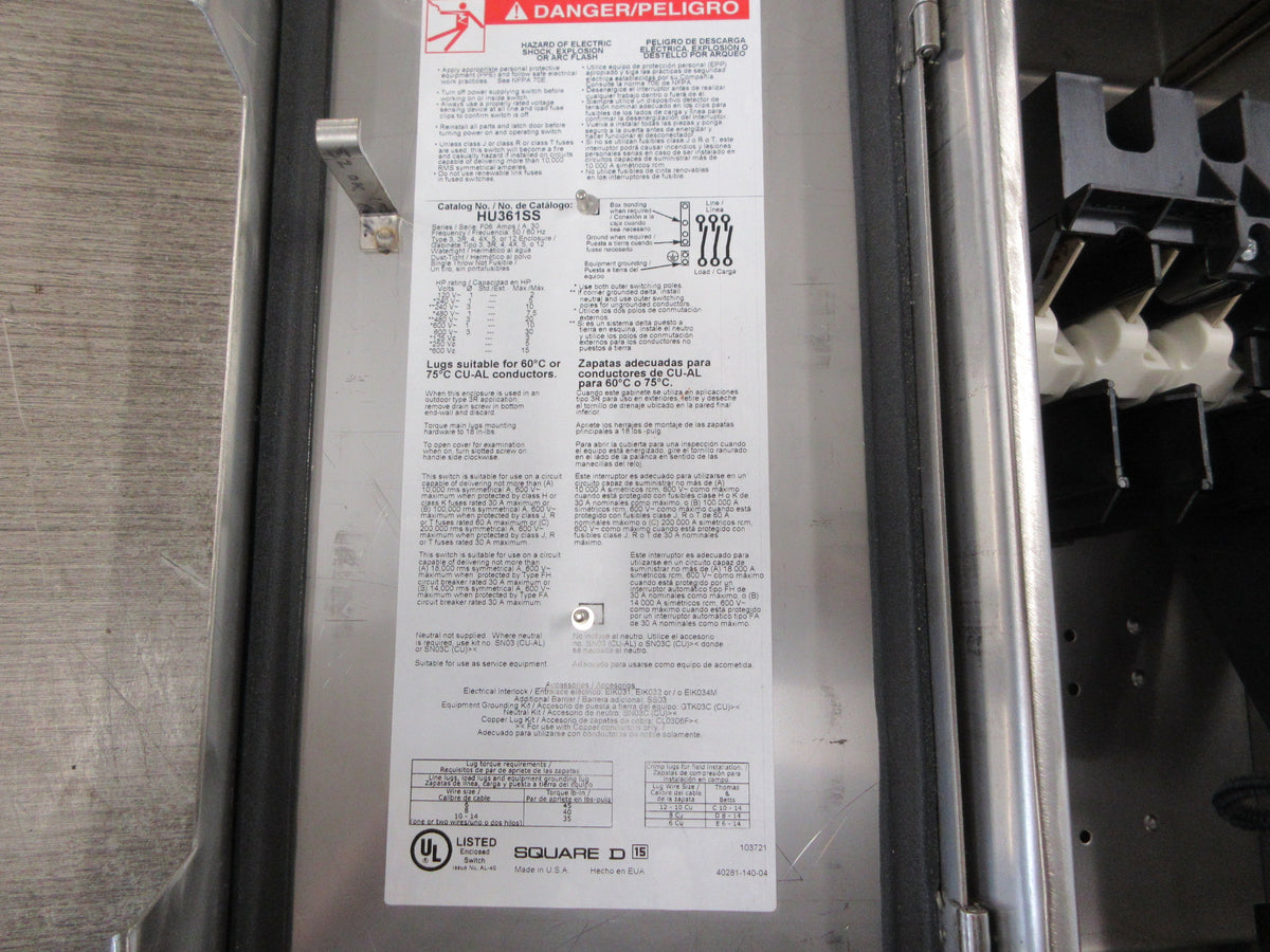 Square D Stainless Steel 3R Non-Fusible Safety Switch/Disconnect New Surplus