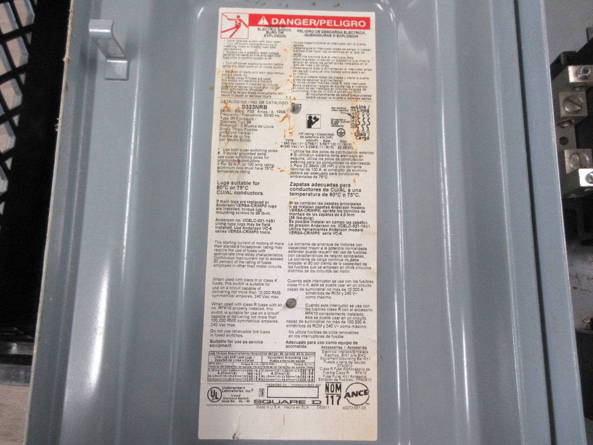 Square D Fusible 3R Safety Switch/Disconnect S323NRB Ser. F03 100A 240V Used