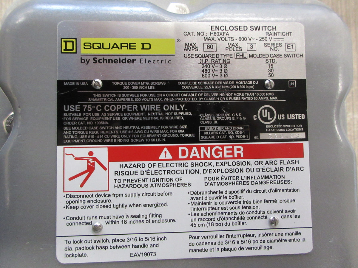 Square D Explosion-Proof Enclosed Switch H60XFA Ser. E01 60A 600V New Surplus
