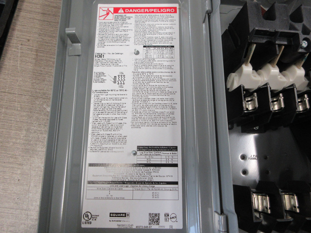 Square D Fusible Safety Switch/Disconnect H361 Ser. F05 30A 600V 3P New Surplus