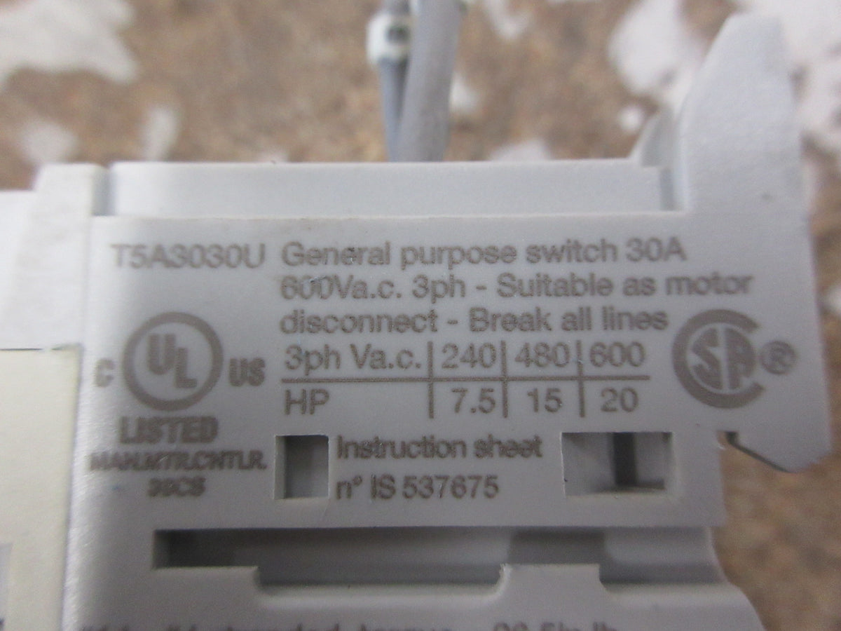 Eaton Disconnect Switch T5A3030U 30A 600V 3Ph Used