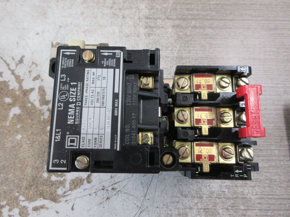 Square D Size 1 Starter 8536 SCO -3 S Ser. A 120V Coil 600V W/Aux Fuse Used