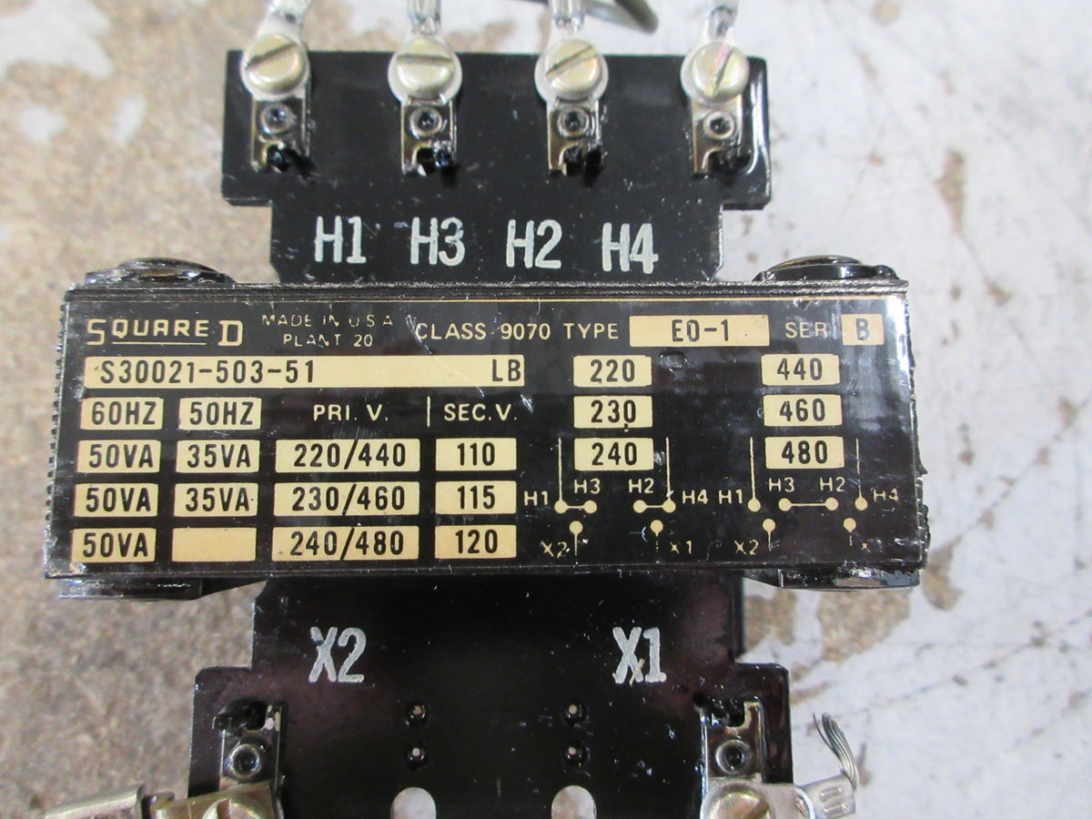 Square D Transformer 9070 E0-1 Ser. B 50VA Pri: 240/480V Sec: 120V Used