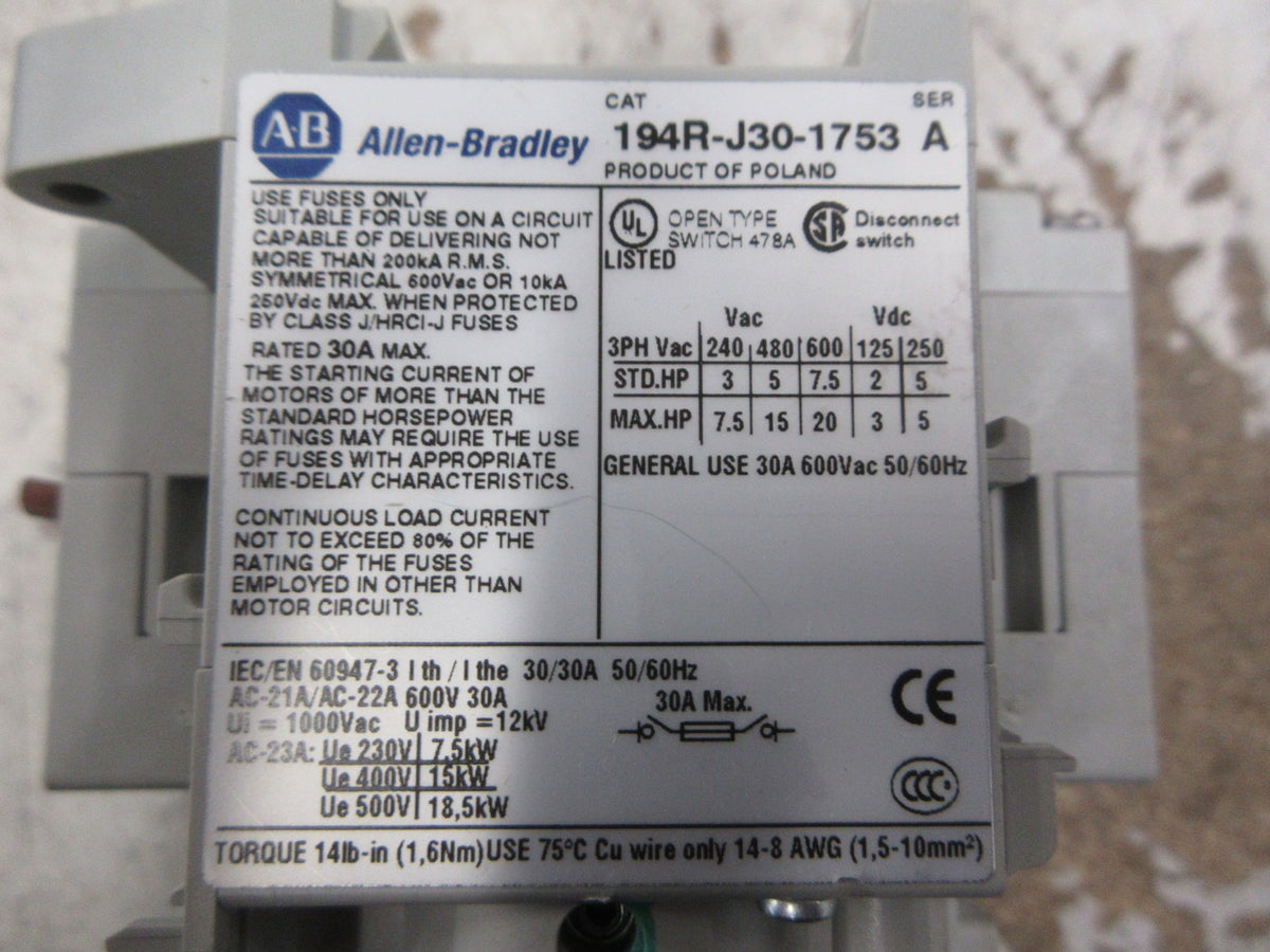 Allen-Bradley Fusible Disconnect Switch 194R-J30-1753 Ser. A 30A 600V 3P Used