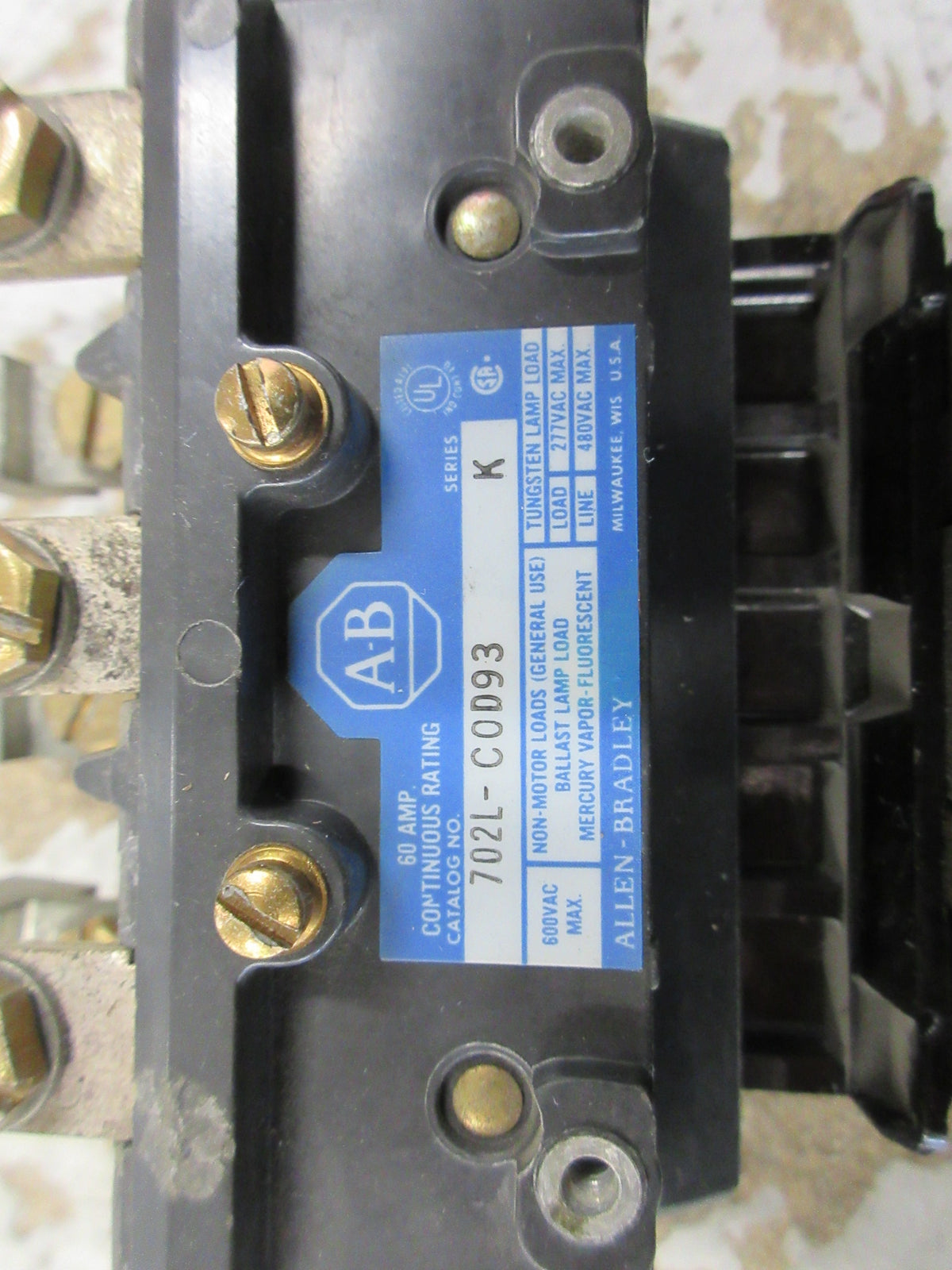 Allen-Bradley Lighting Contactor 702L-COD93 Ser. K 120V Coil 60A 600V Used