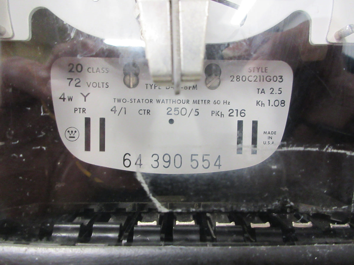 Westinghouse Type D4B-8FM Watthour Meter 280C211G03 72V 4W PTR: 4/1 Used