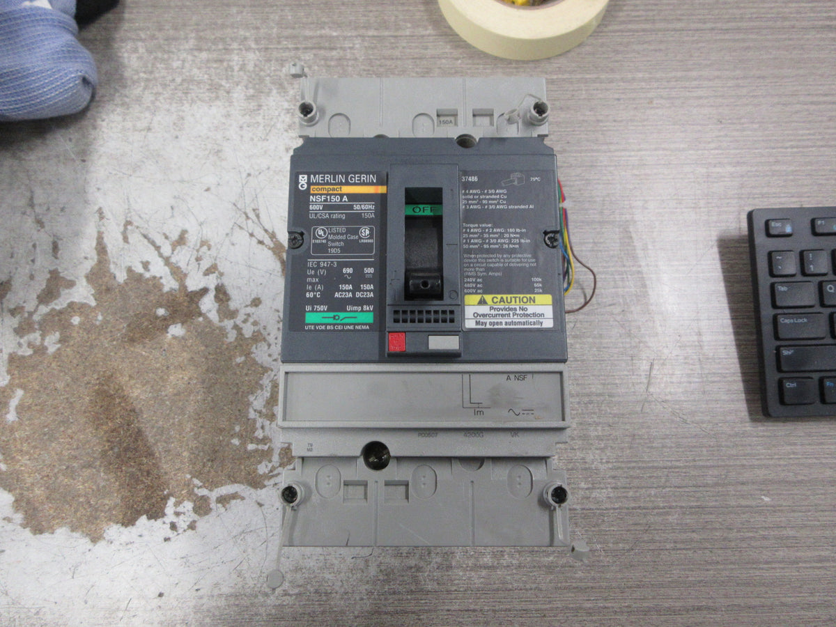 Merlin Gerin Circuit Breaker NSF150A 600V 150A 3P W/Mounting Base Used
