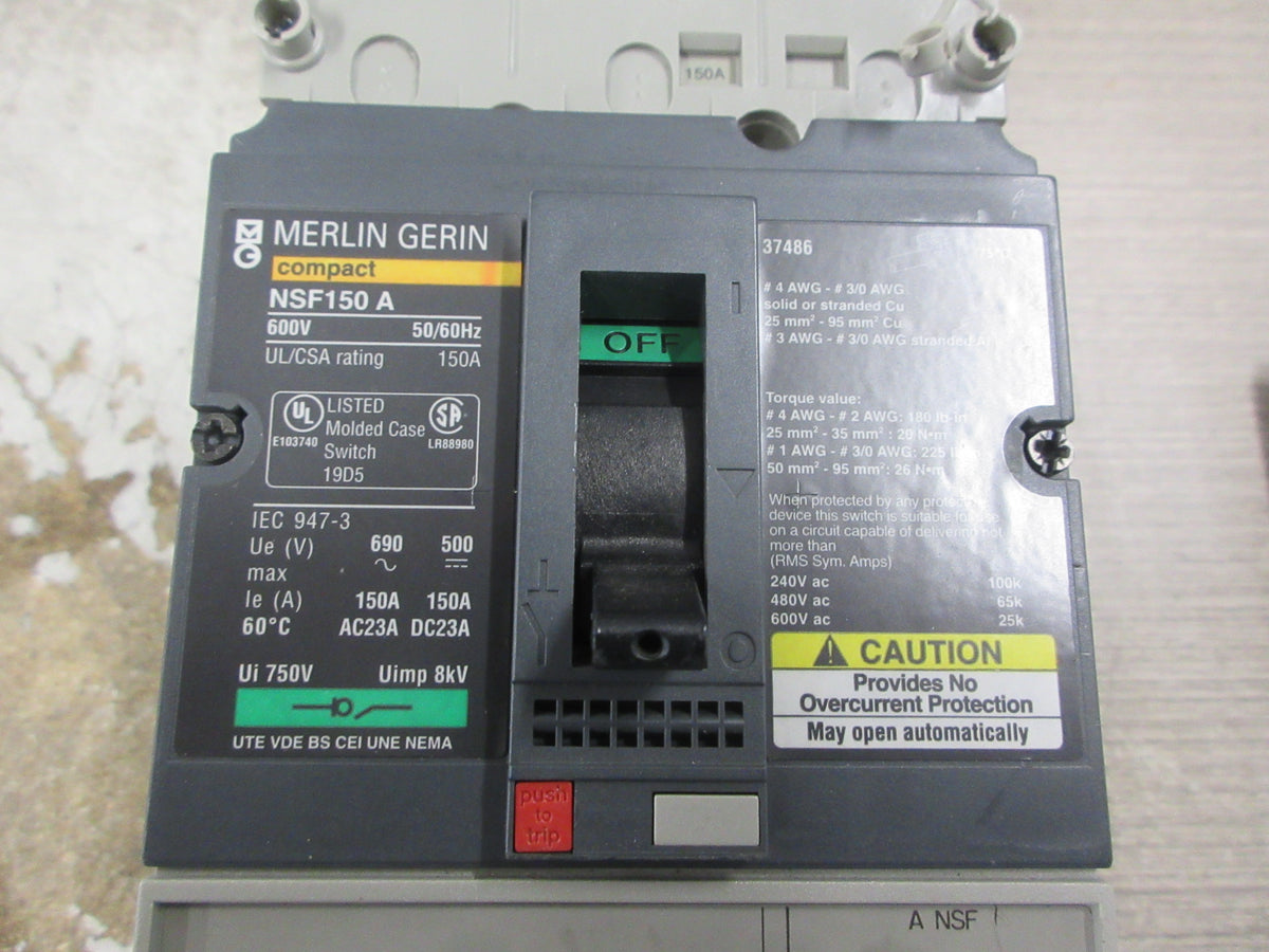 Merlin Gerin Circuit Breaker NSF150A 600V 150A 3P W/Mounting Base Used