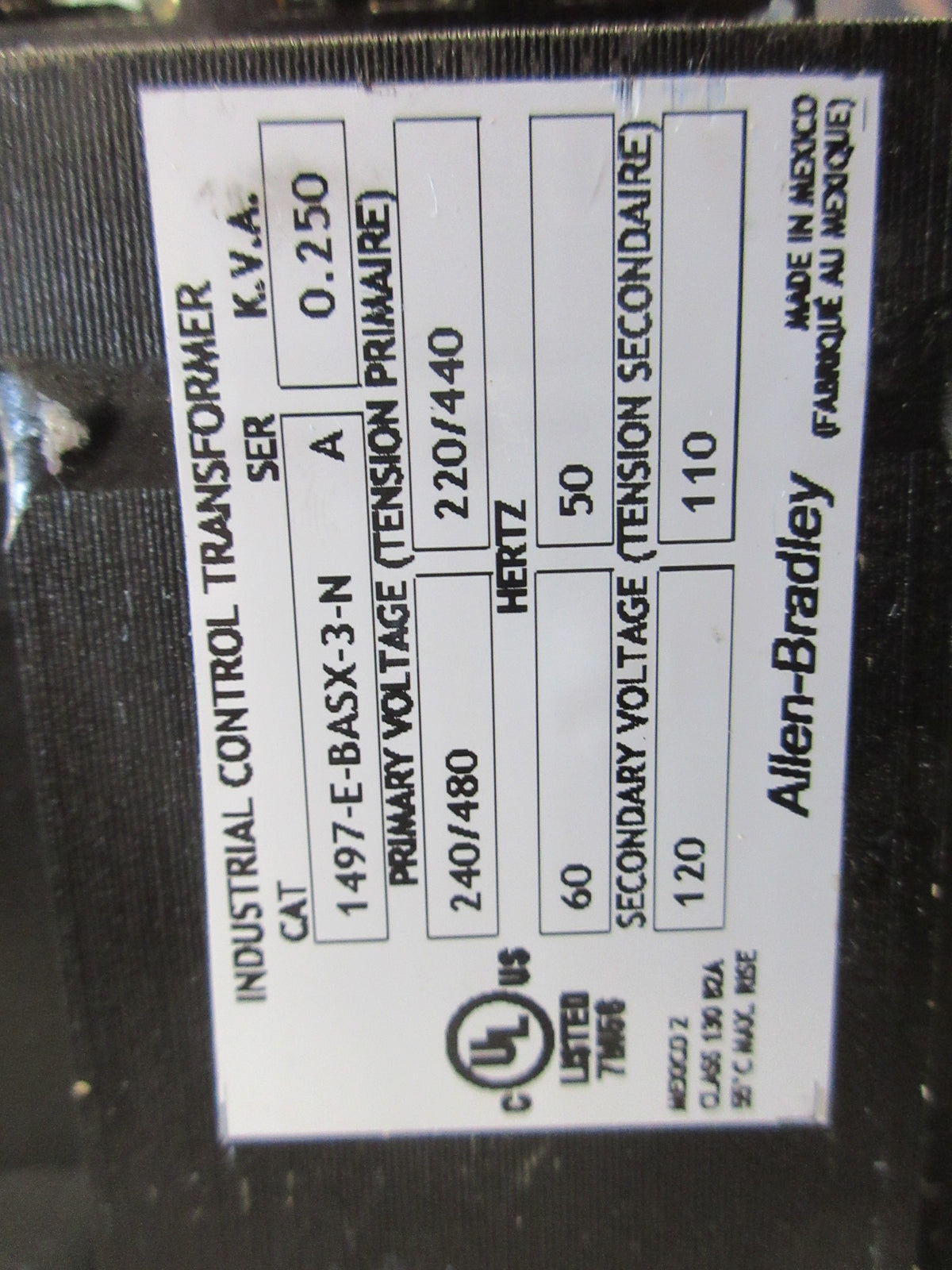Allen-Bradley Control Transformer 1497-E-BASX-3-N Ser. A 0.250KVA Used
