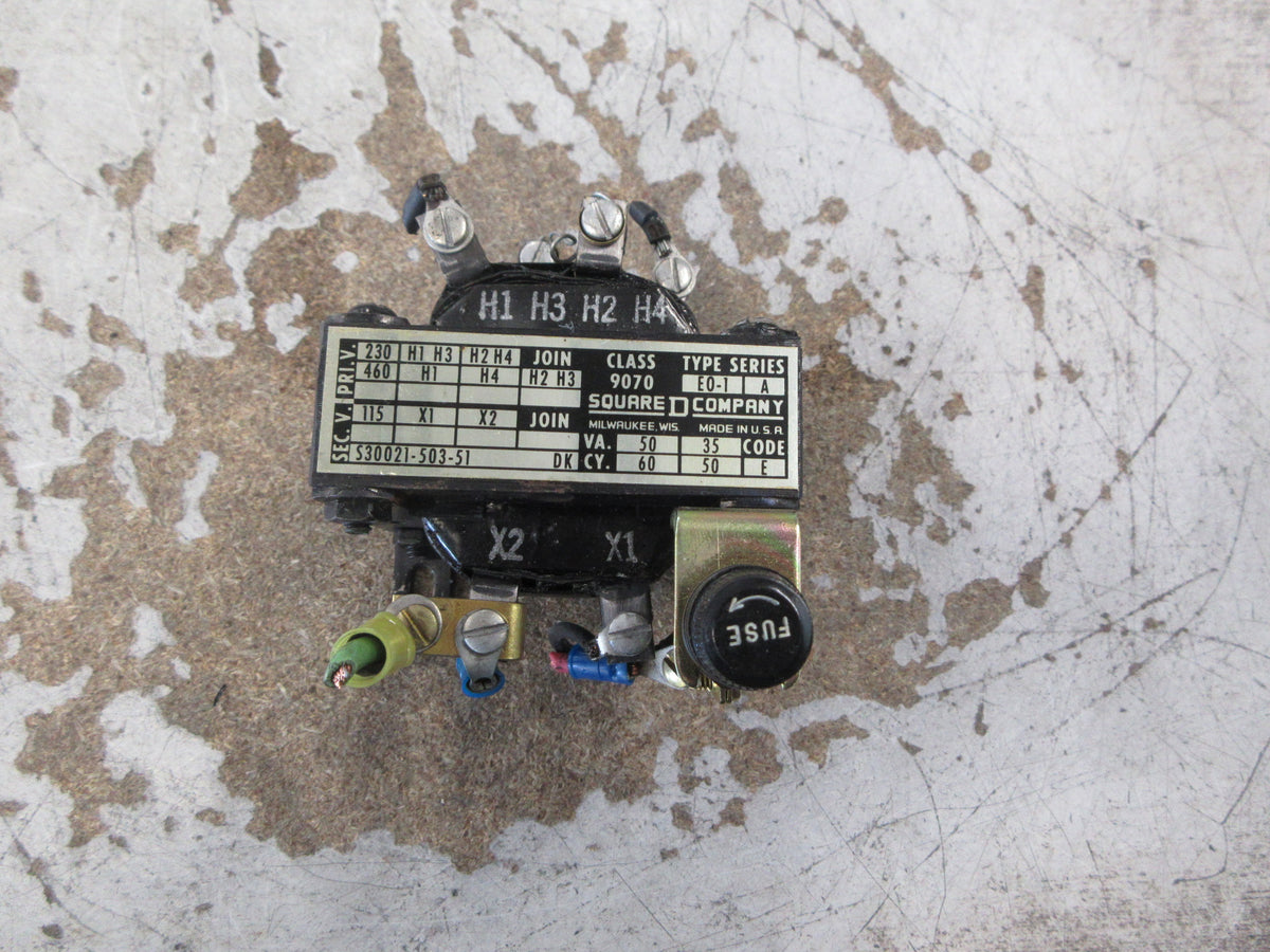 Square D Transformer 9070 E0-1 Ser. A 50VA Pri: 240/480V Sec: 120V W/Fuse Used