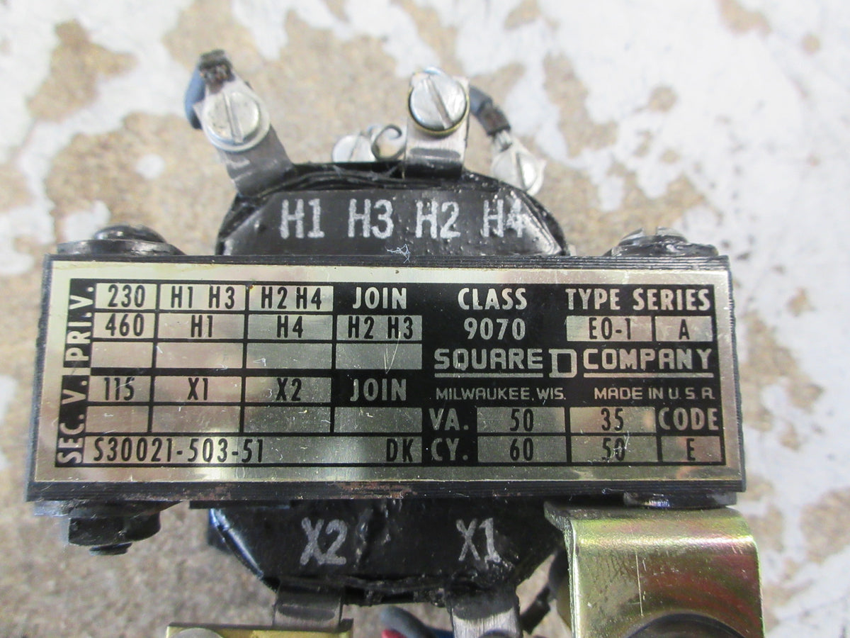 Square D Transformer 9070 E0-1 Ser. A 50VA Pri: 240/480V Sec: 120V W/Fuse Used