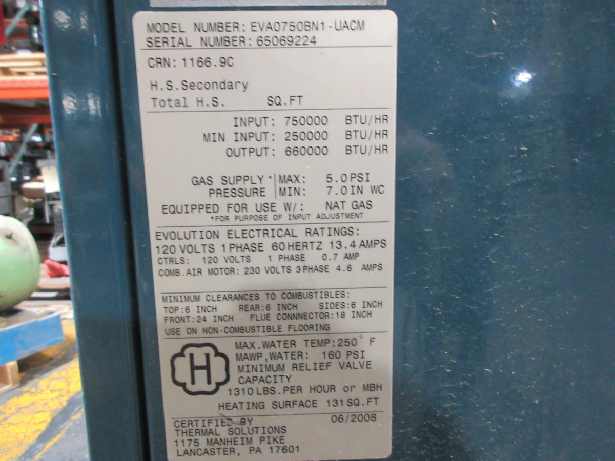 Thermal Solutions Evolution Hot Water Boiler EVA0750BN1-UACM Used