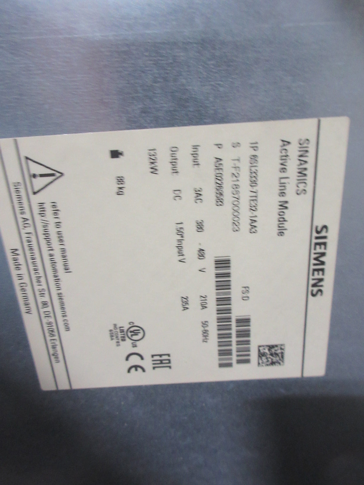 Siemens Sinamics Active Line Module 6SL3330-7TE32-1AA3 FS: D 132KW Used