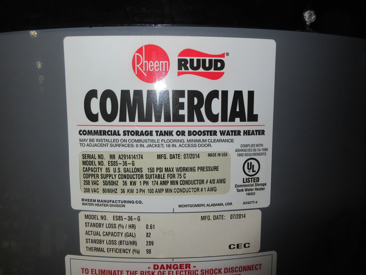 Rheem Ruud Commercial Electric Water Heater ES85-36-G 36KW 208V 50/60Hz Used