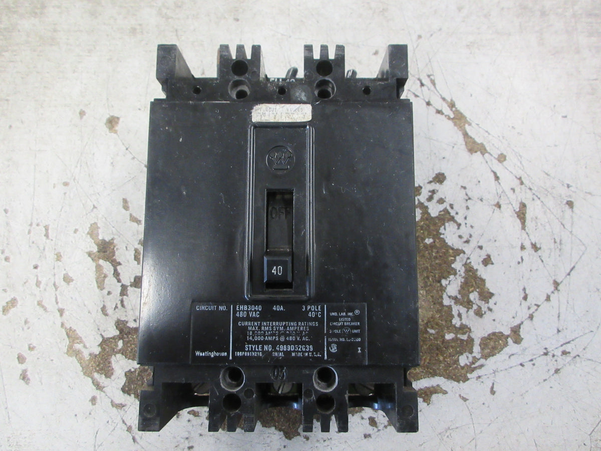 Westinghouse Circuit Breaker EHB3040 40A 480V 3P Used
