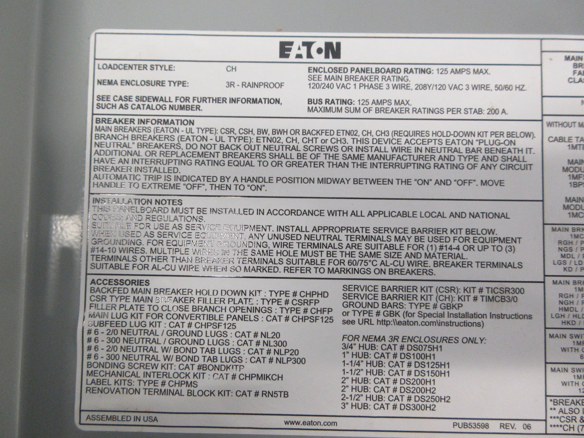 Eaton 3R Load Center CH 125A 120/240V 1P 16-Slot Used