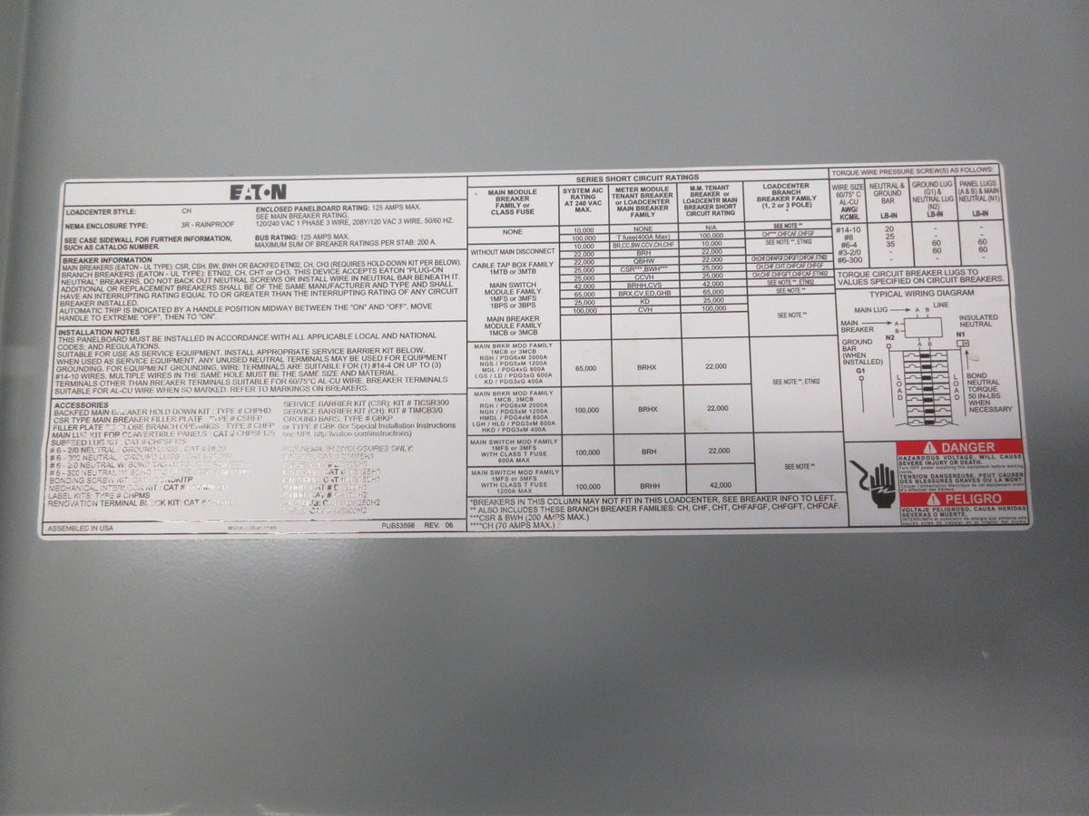 Eaton 3R Load Center CH 125A 120/240V 1P 16-Slot Used