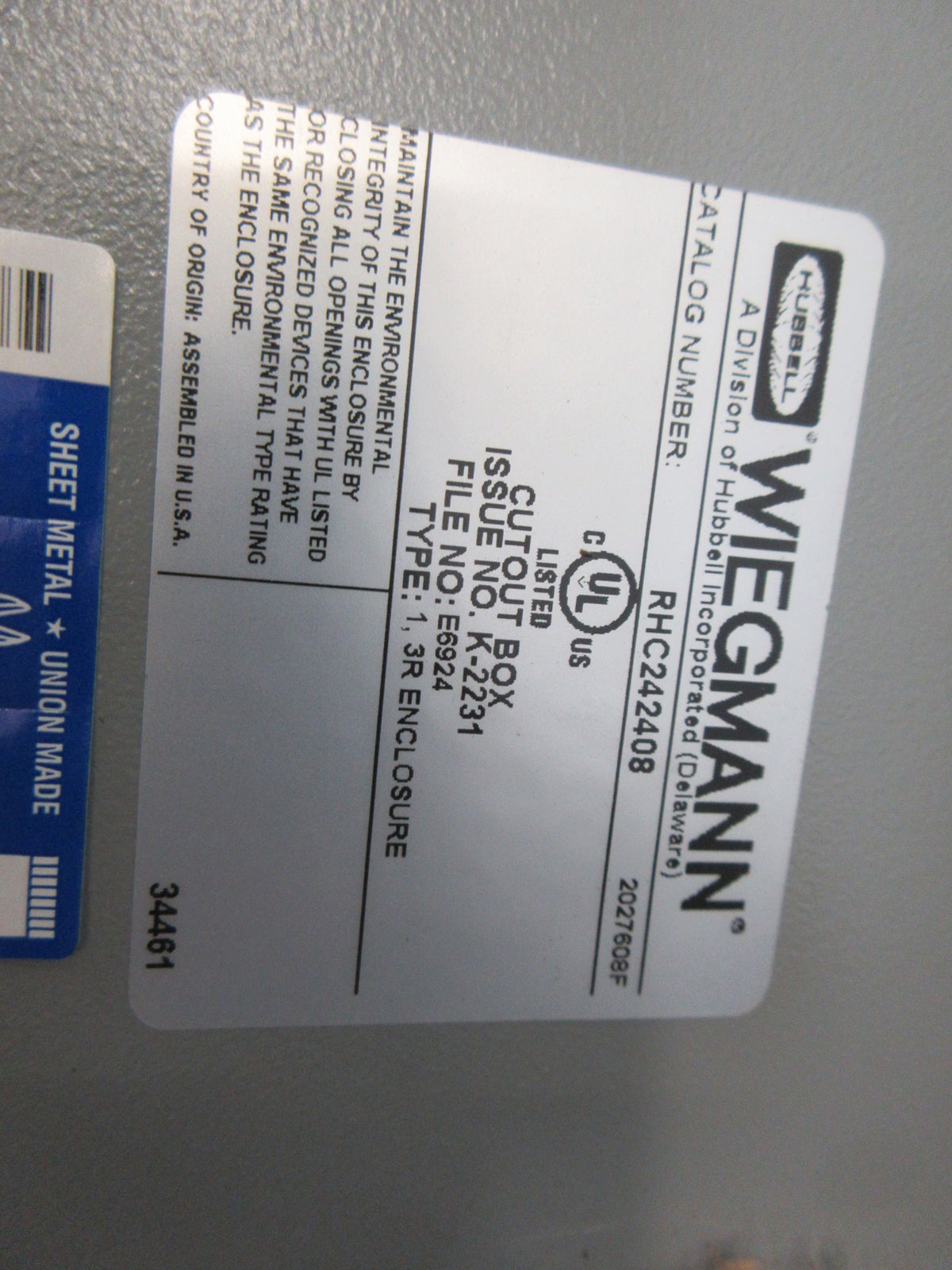Hubbell Wiegmann 3R Enclosure RHC242408 Size: 24"x24"x8" Used
