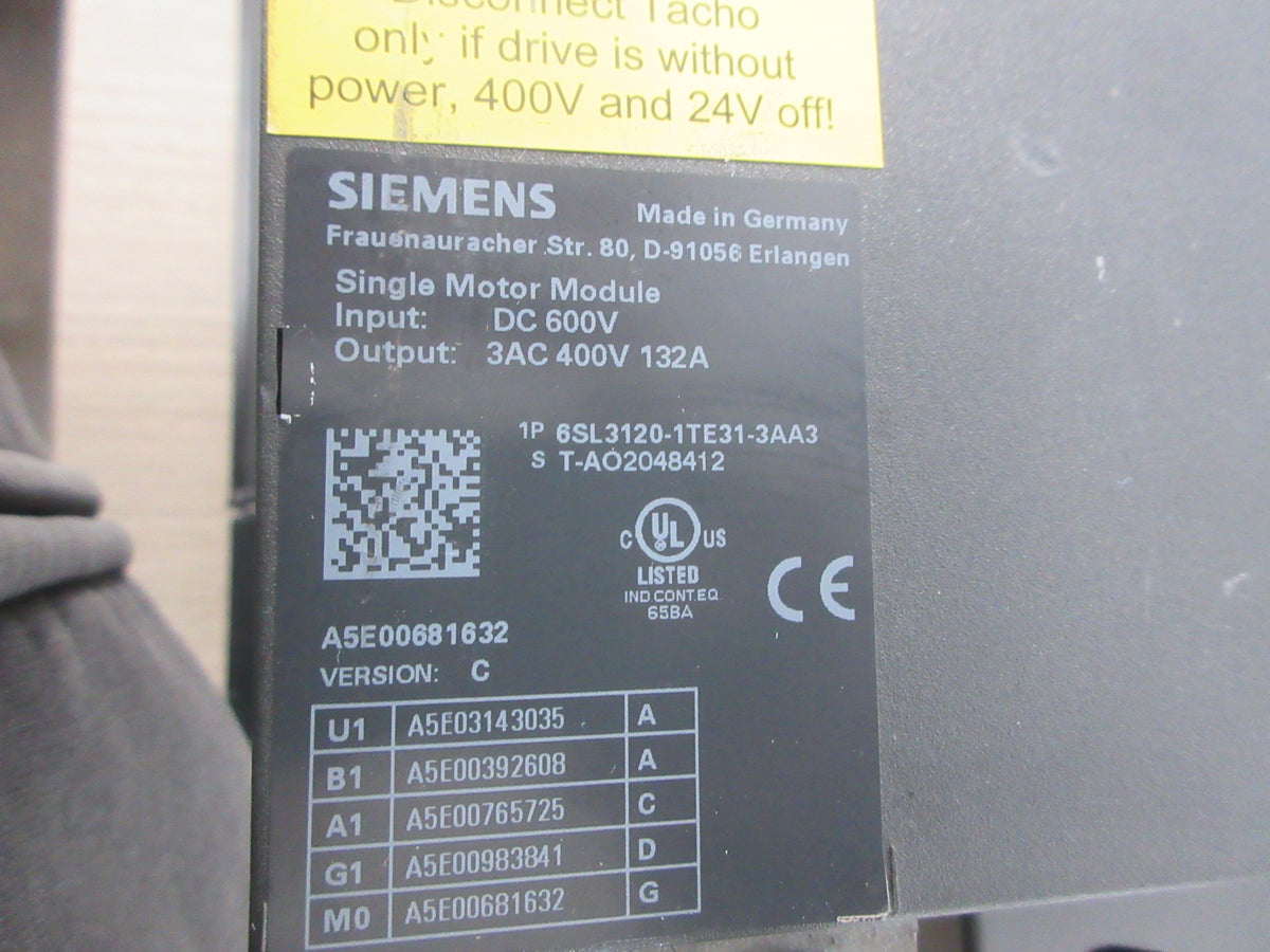 Siemens Sinamics Single Motor Module 6SL3120-1TE31-3AA3 Ver. C Used