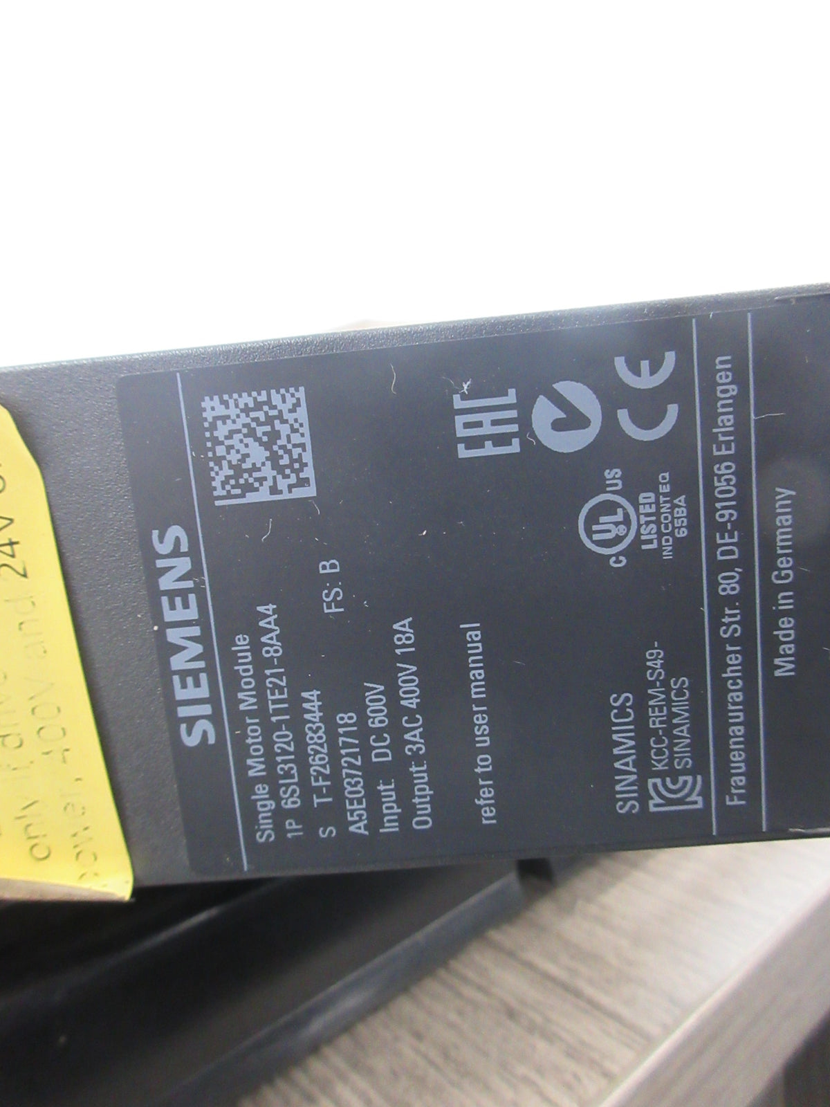 Siemens Single Motor Module 6SL3120-1TE21-8AA4 FS: B Input: 600VDC Used