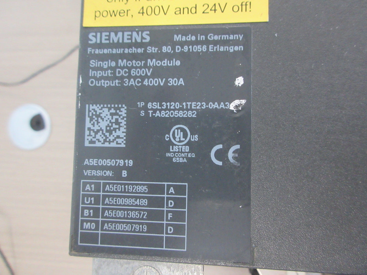 Siemens Single Motor Module 6SL3120-1TE23-0AA3 Ver. B Input: 600VDC Used