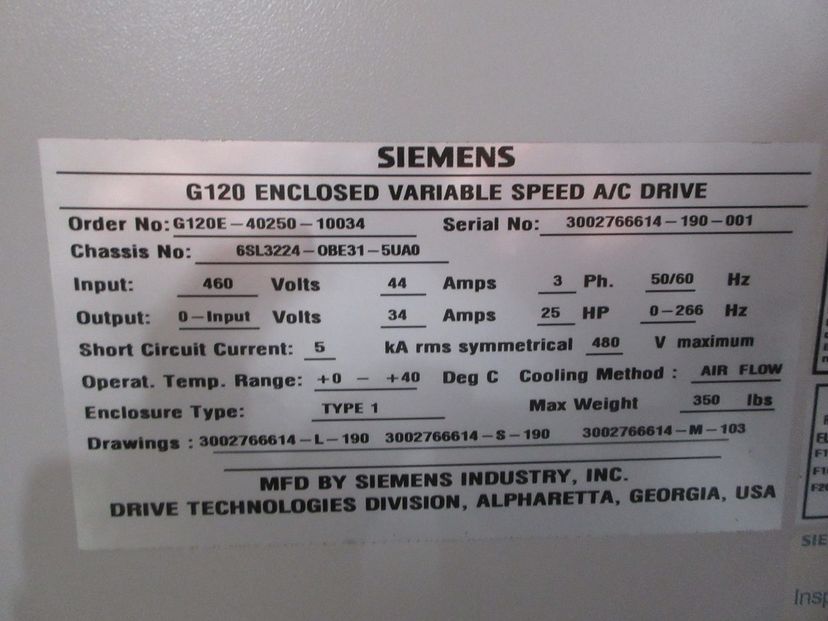 Siemens Sinamics G120 AC Drive 6SL3224-OBE31-5UA0 25HP 3Ph Used