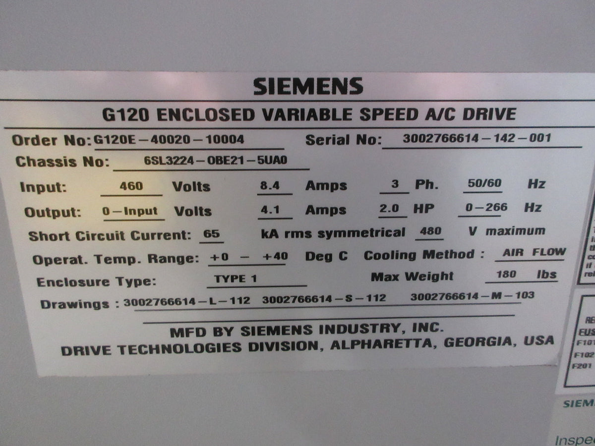 Siemens Sinamics G120 AC Drive 6SL3224-OBE21-5UA0 2HP 3Ph Used
