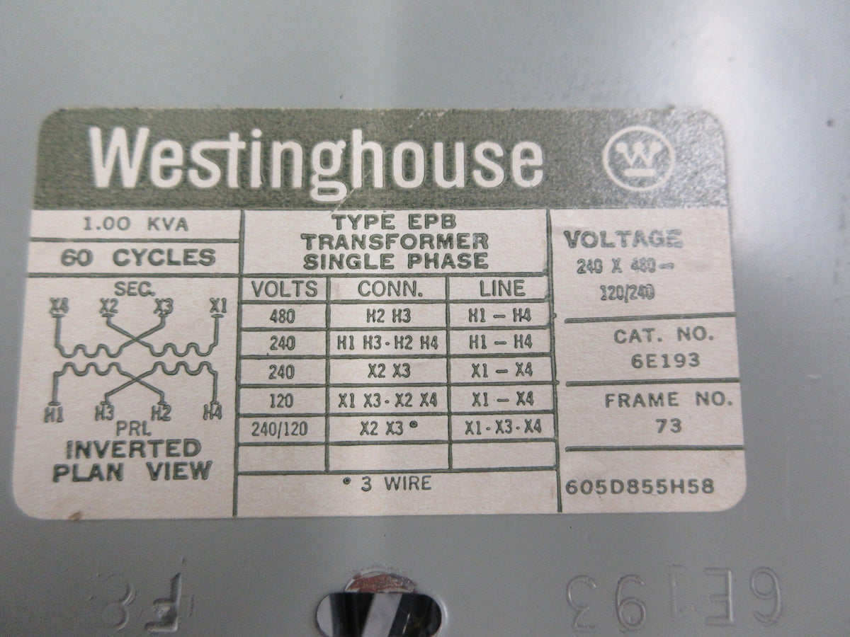 Westinghouse Type EPB Transformer 6E193 1KVA Pri: 240/480V Sec: 120/240V Used