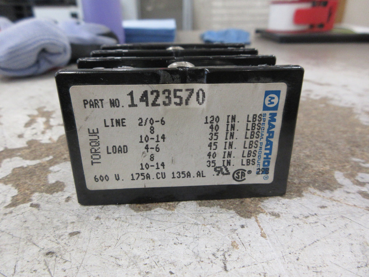 Marathon Power Distribution Block 1423570 175A 600V 3P Line: 2/0-14 Used