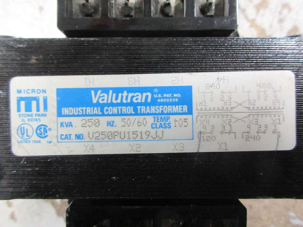 Micron Valutran Control Transformer V250PU1519JJ 0.250KVA Pri: 240/480V Used