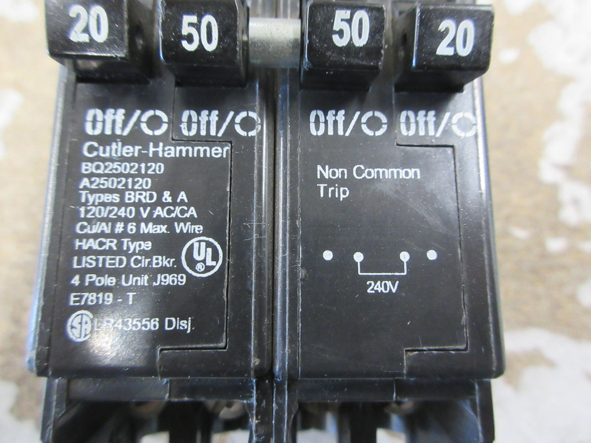 Cutler-Hammer Quad Circuit Breaker BQ2502120 (2) 50A (2) 20A 120/240V Used